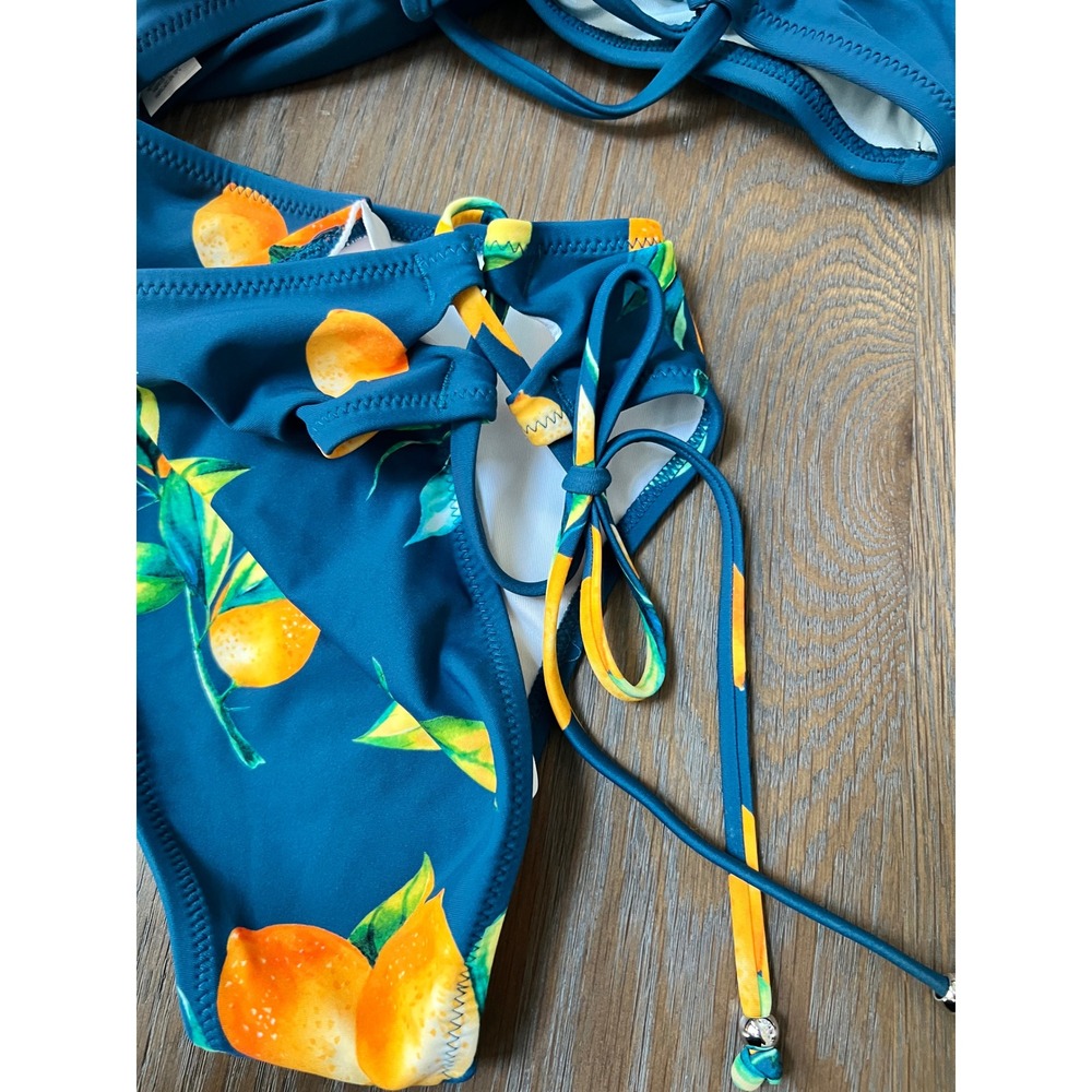 Cupshe Lemon Print Twist Front Bikini Set Teal Blue  Small - Picture 3 of 4